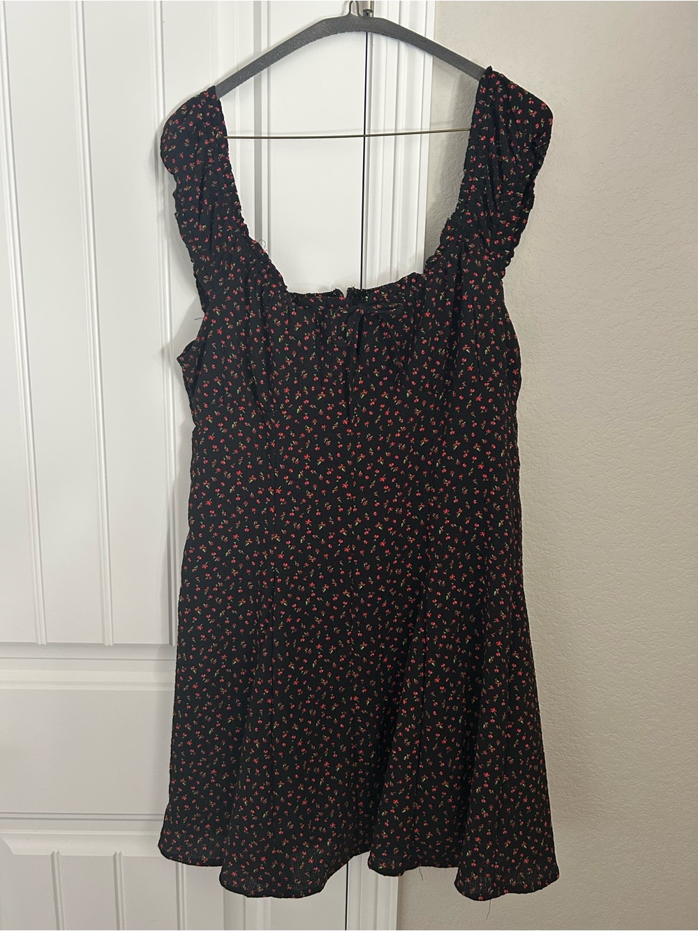 Black Floral Sundress with Red Ditsy Print